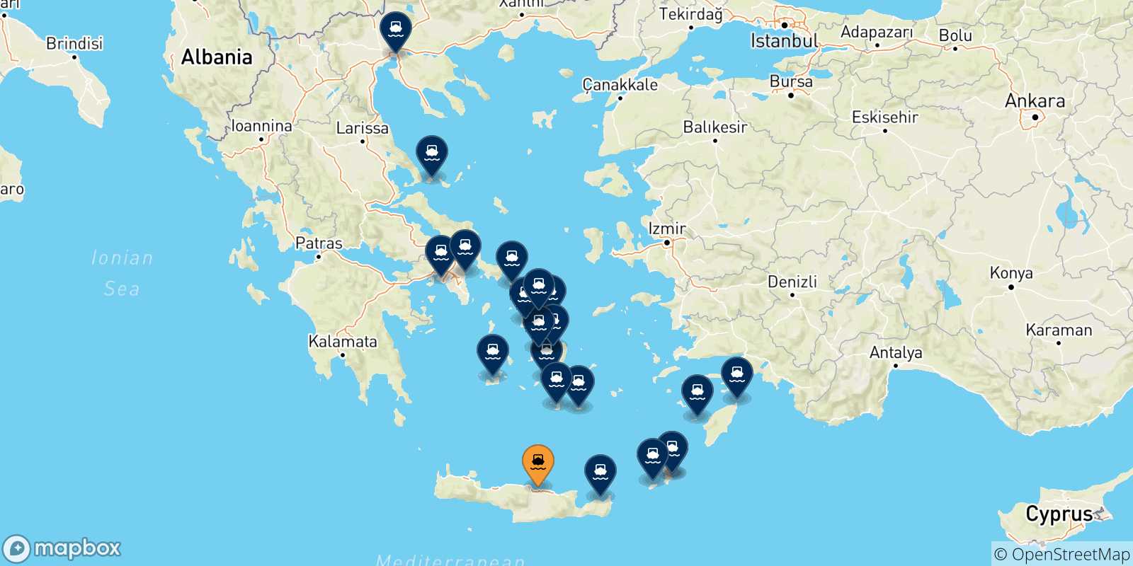 Carte des traversées possibles entre Heraklion et la Grèce