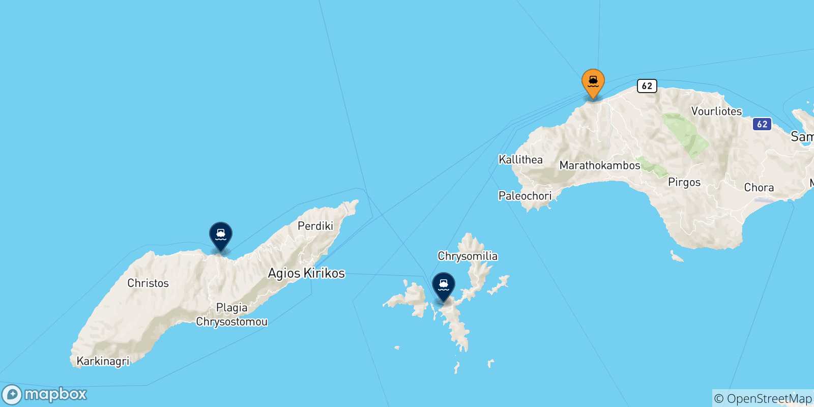 Carte des traversées possibles entre Pythagorio (Samos) et les Îles Égéennes