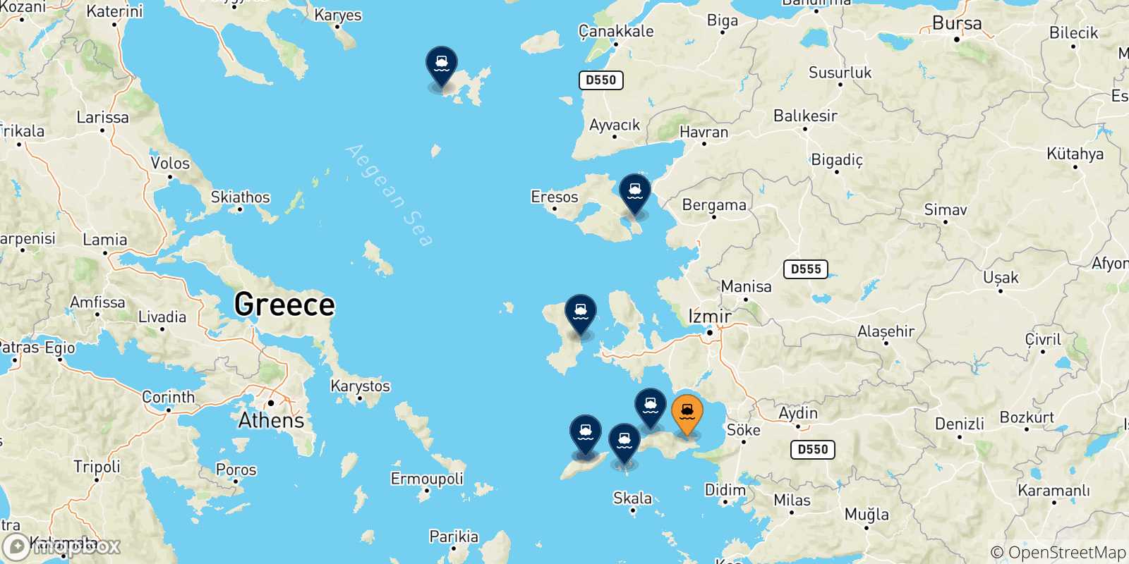 Carte des traversées possibles entre Vathi (Samos) et les Îles Égéennes
