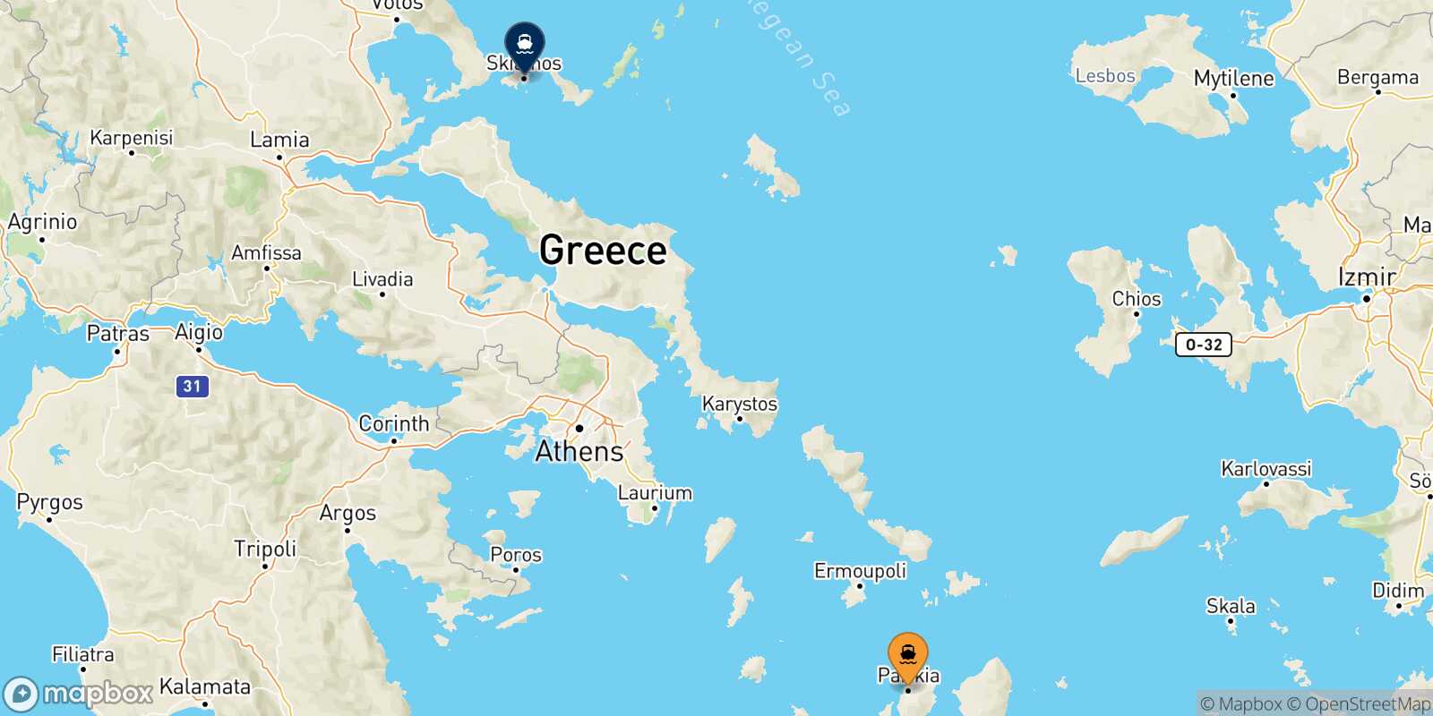 Carte des destinations de Paros