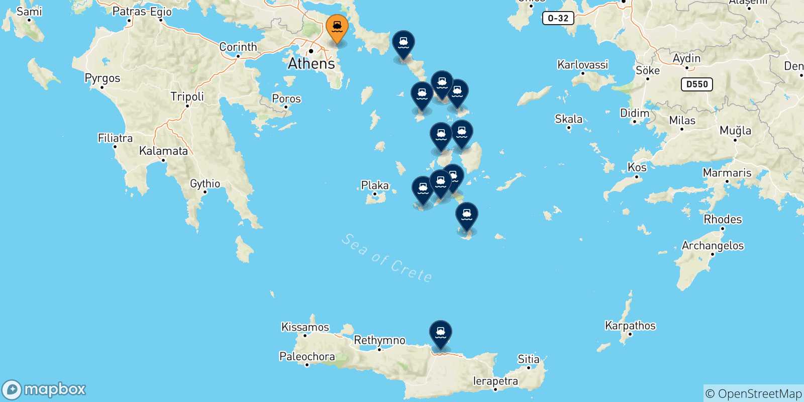 Carte des traversées possibles entre Rafina et la Grèce