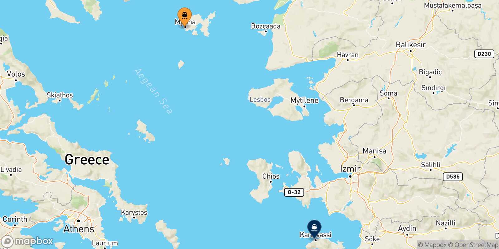 Carte des traverséesMyrina (Limnos) Karlovassi (Samos)