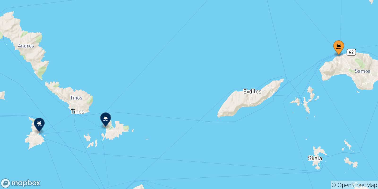 Carte des traversées possibles entre Karlovassi (Samos) et Îles Des Cyclades