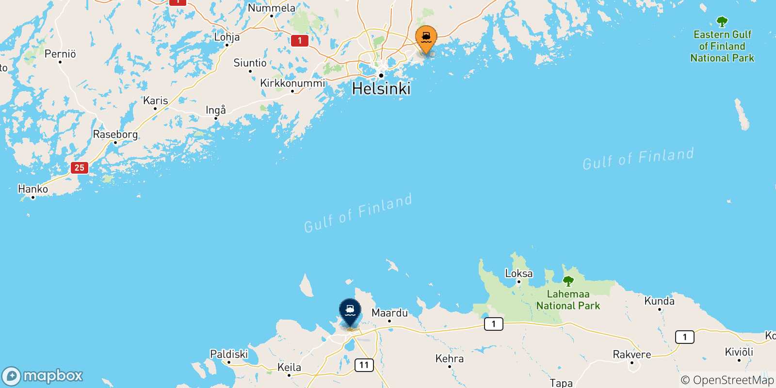 Carte des traversées possibles entre Helsinki et l'Estonie