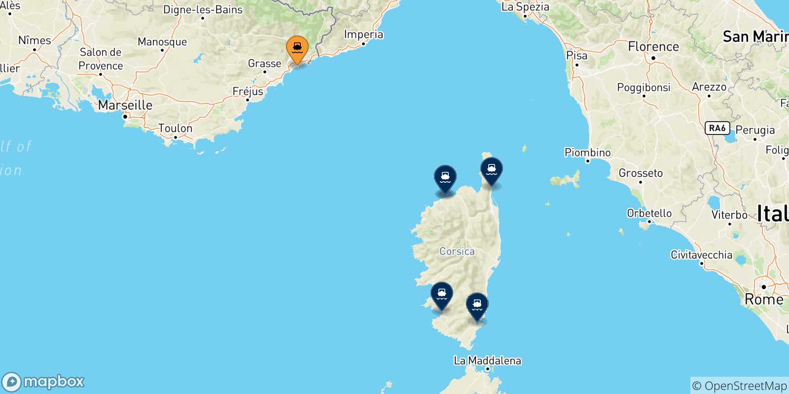 Carte des traversées possibles entre Nice et la France