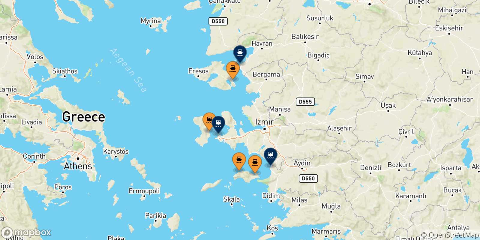 Carte des traversées possibles entre les Îles Égéennes et la Turquie