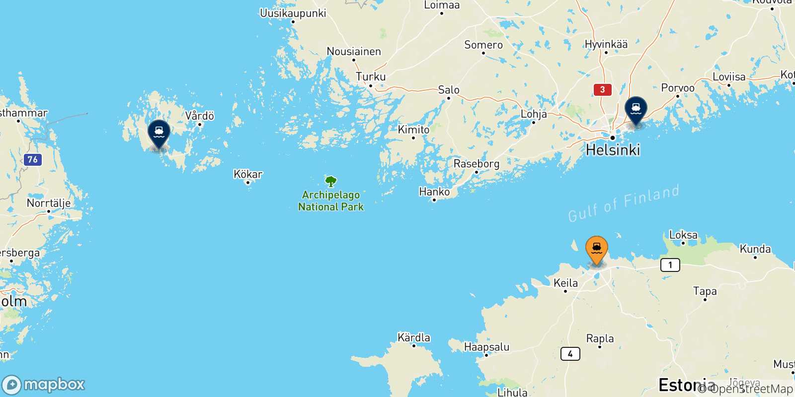 Carte des traversées possibles entre Tallinn et la Finlande