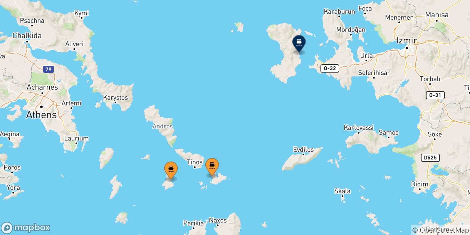 Carte des traversées possibles entre Îles Des Cyclades et Chios