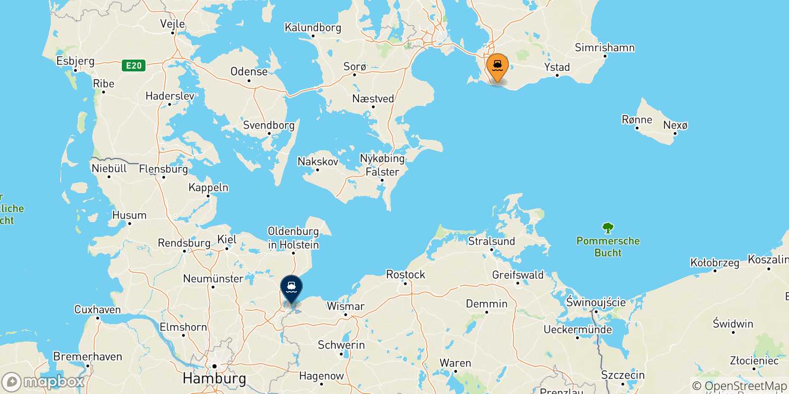 Carte des traversées possibles entre la Suède et Travemünde