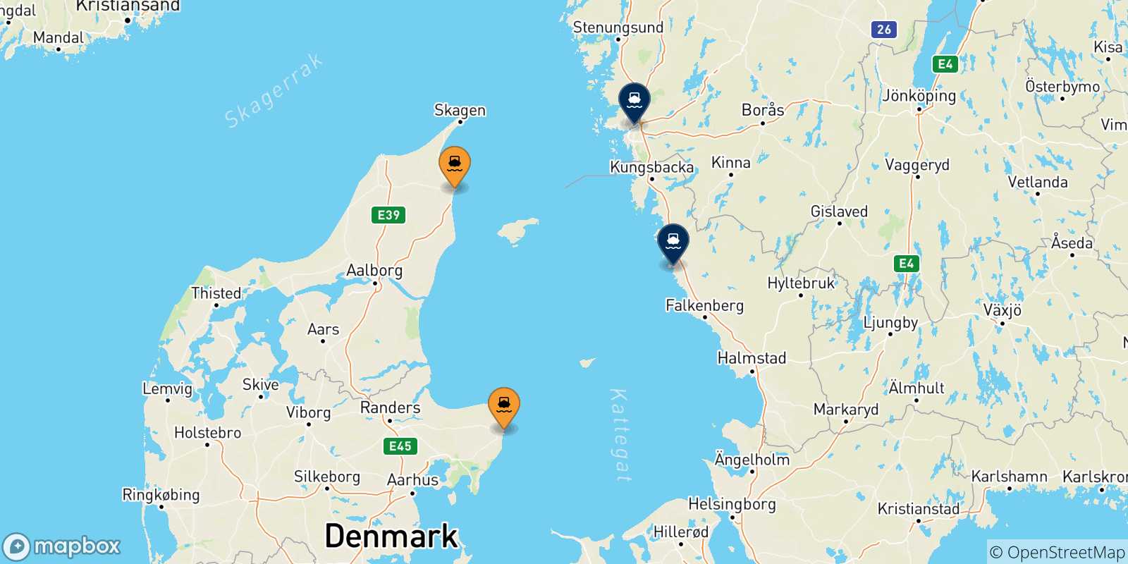 Carte des traversées possibles entre le Danemark et la Suède