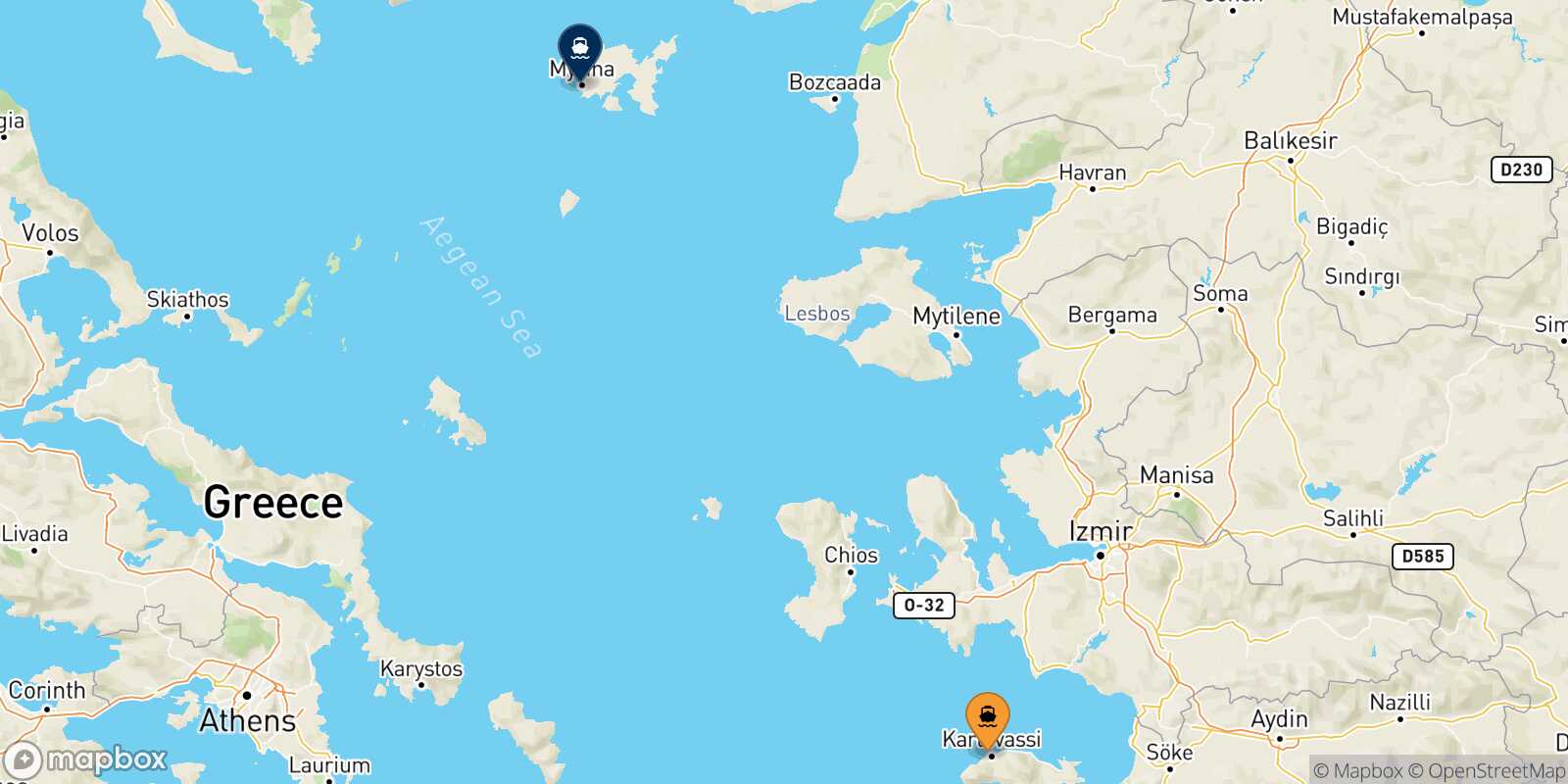 Carte des traverséesKarlovassi (Samos) Myrina (Limnos)