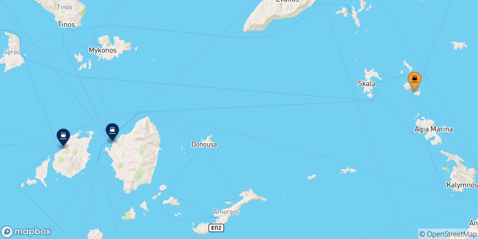 Carte des traversées possibles entre Lipsi et Îles Des Cyclades