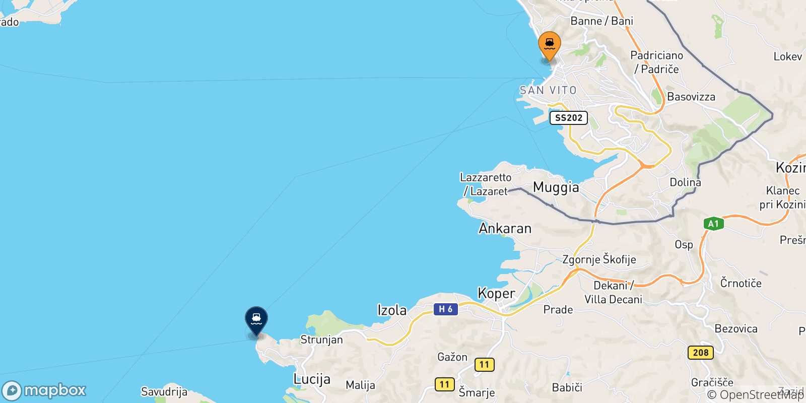 Carte des traversées possibles entre l'Italie et Piran
