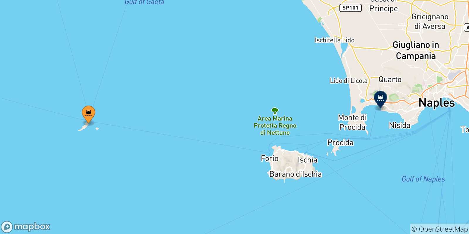 Carte des traversées possibles entre Ventotene et le Golf De Naples