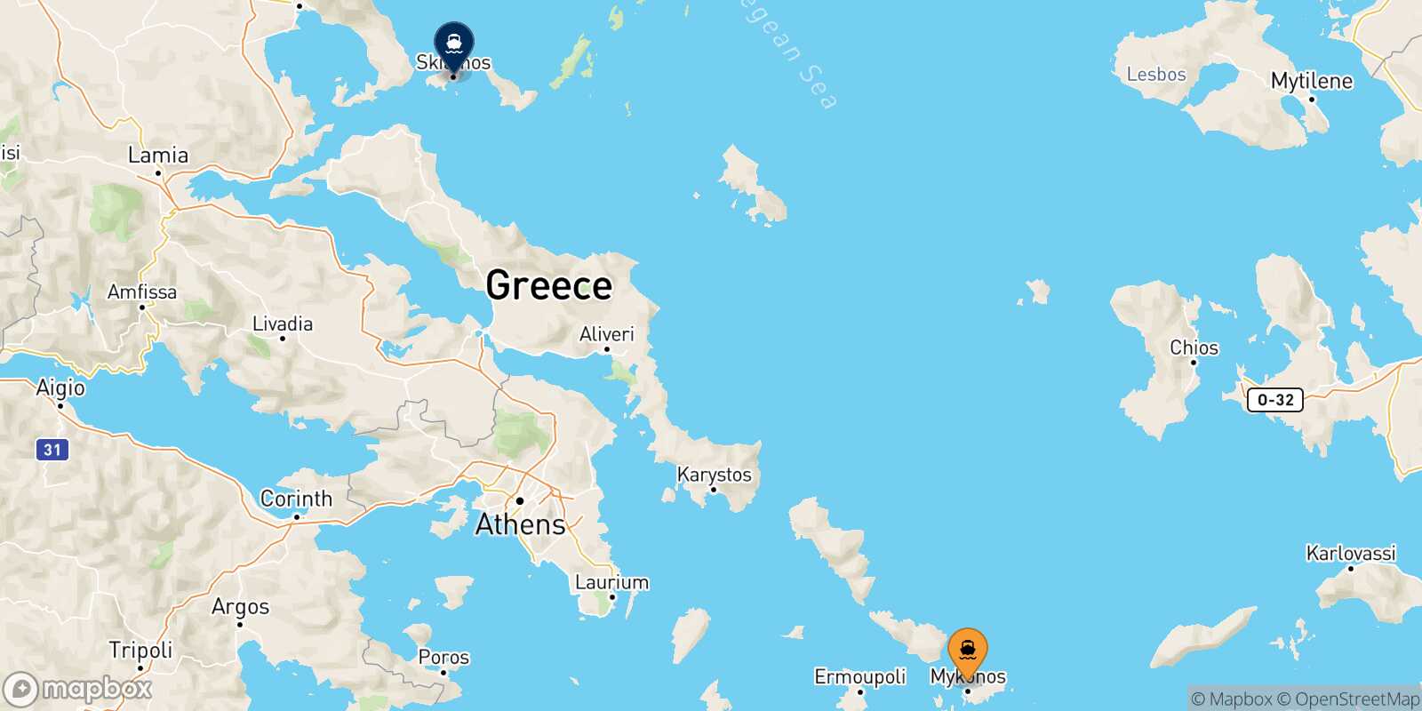 Carte des traverséesMykonos Skiathos