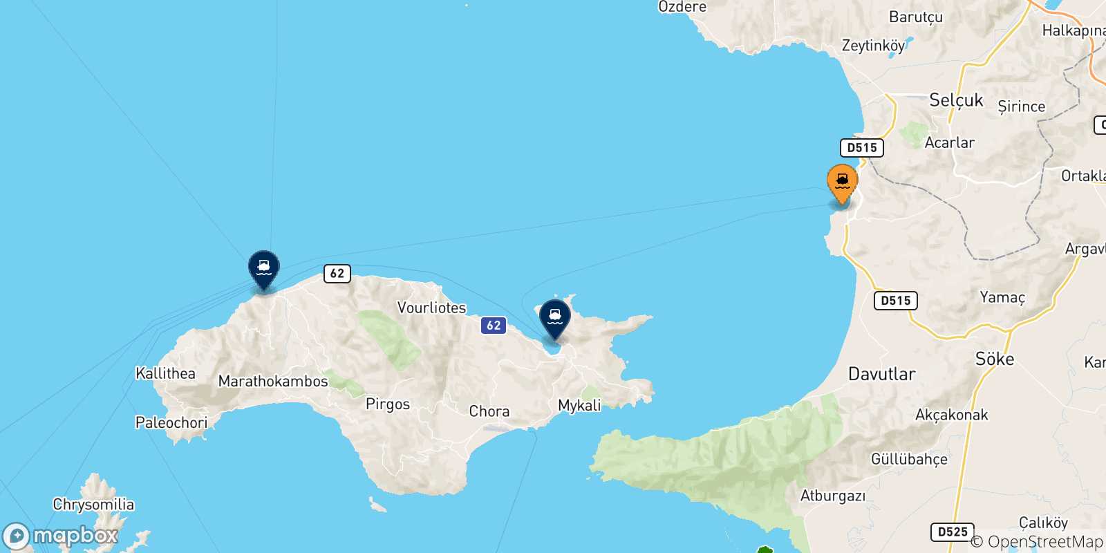 Carte des traversées possibles entre Kusadasi et la Grèce