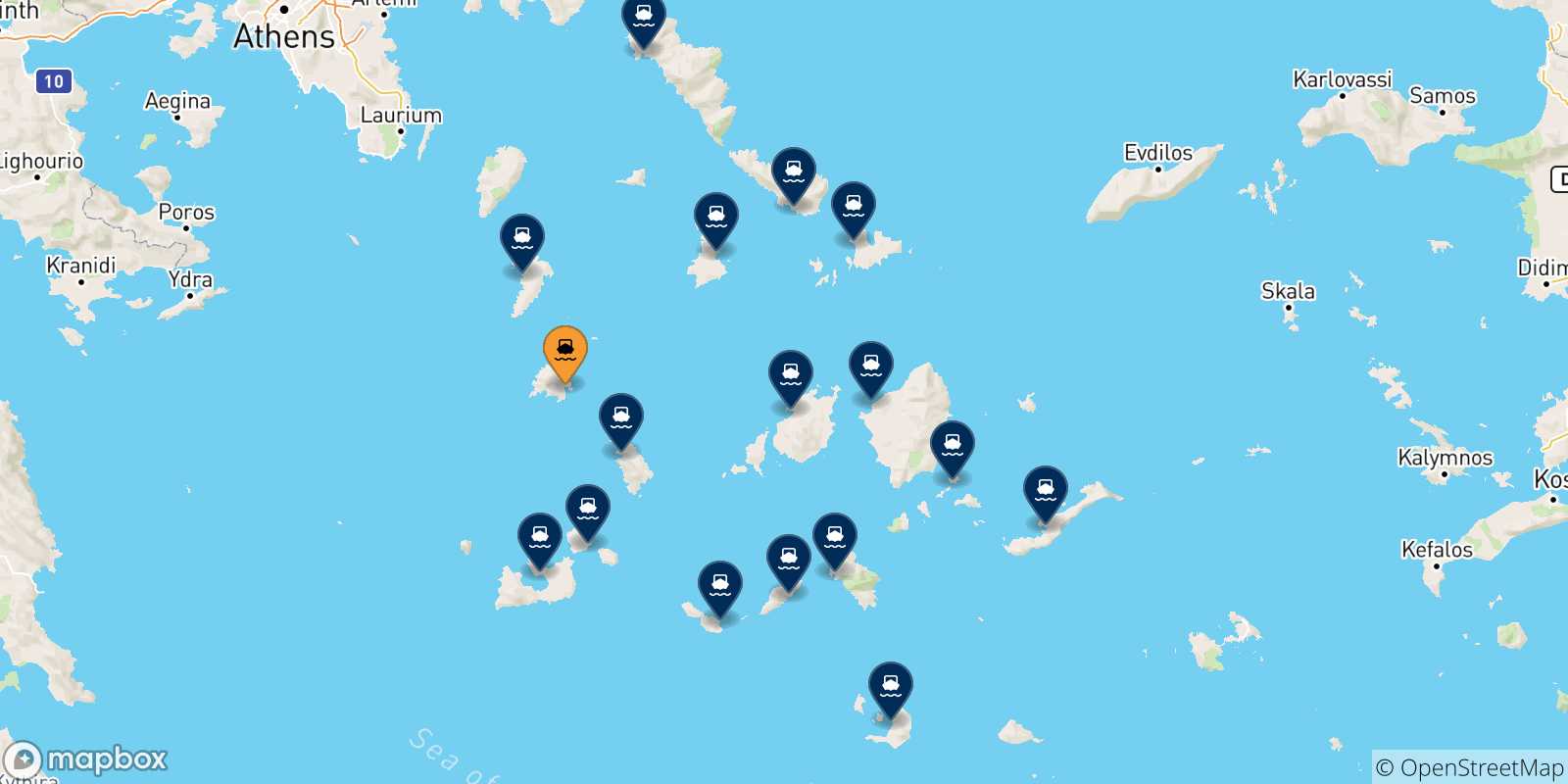Carte des traversées possibles entre Sérifos et Îles Des Cyclades