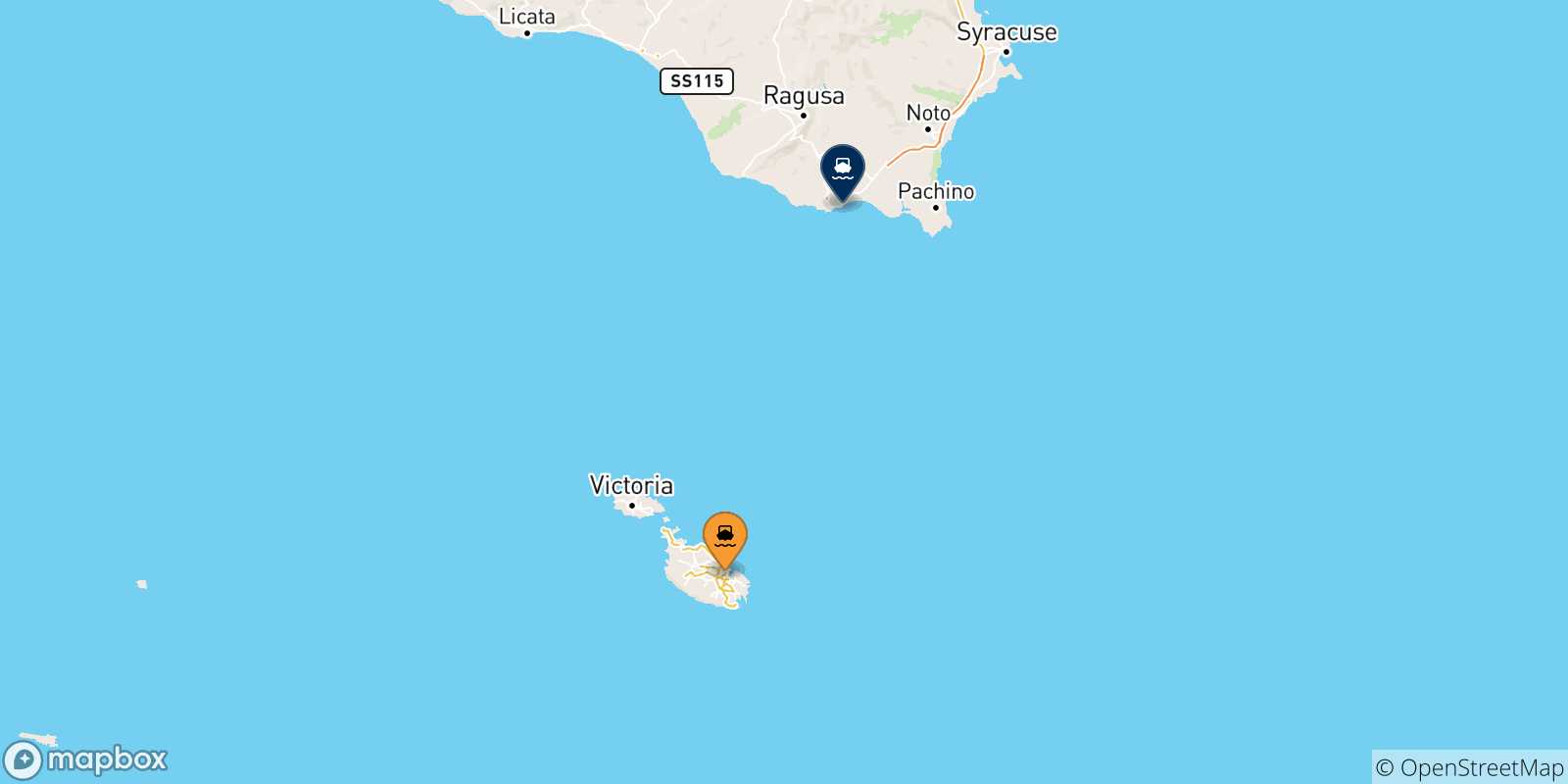Carte des traversées possibles entre Malte et Pozzallo