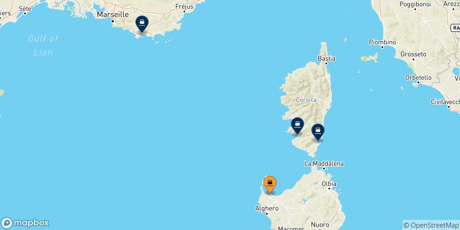 Carte des traversées possibles entre Porto Torres et la France