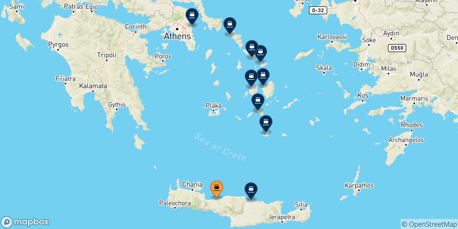 Carte des traversées possibles entre Rethymnon et la Grèce