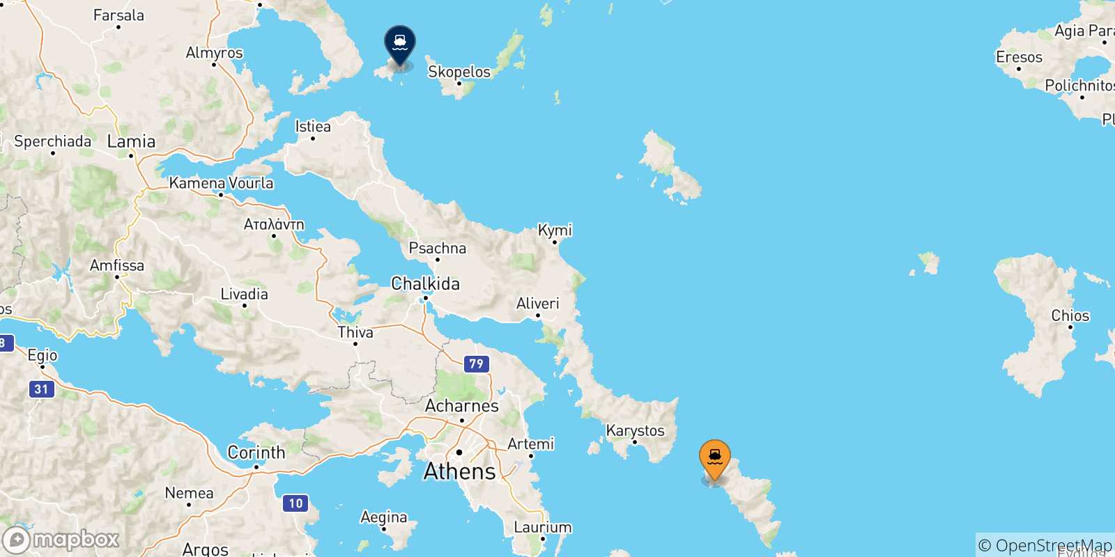Carte des traversées possibles entre Andros et les Îles Sporades