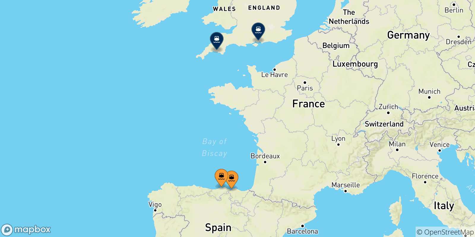 Carte des traversées possibles entre l'Espagne et l'Angleterre
