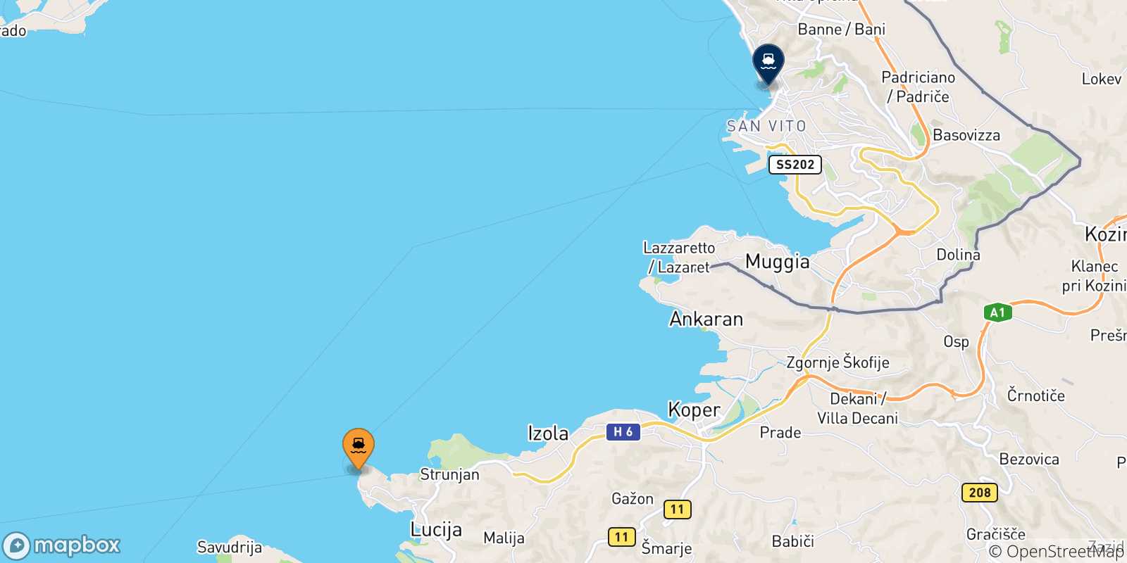 Carte des traversées possibles entre Piran et l'Italie