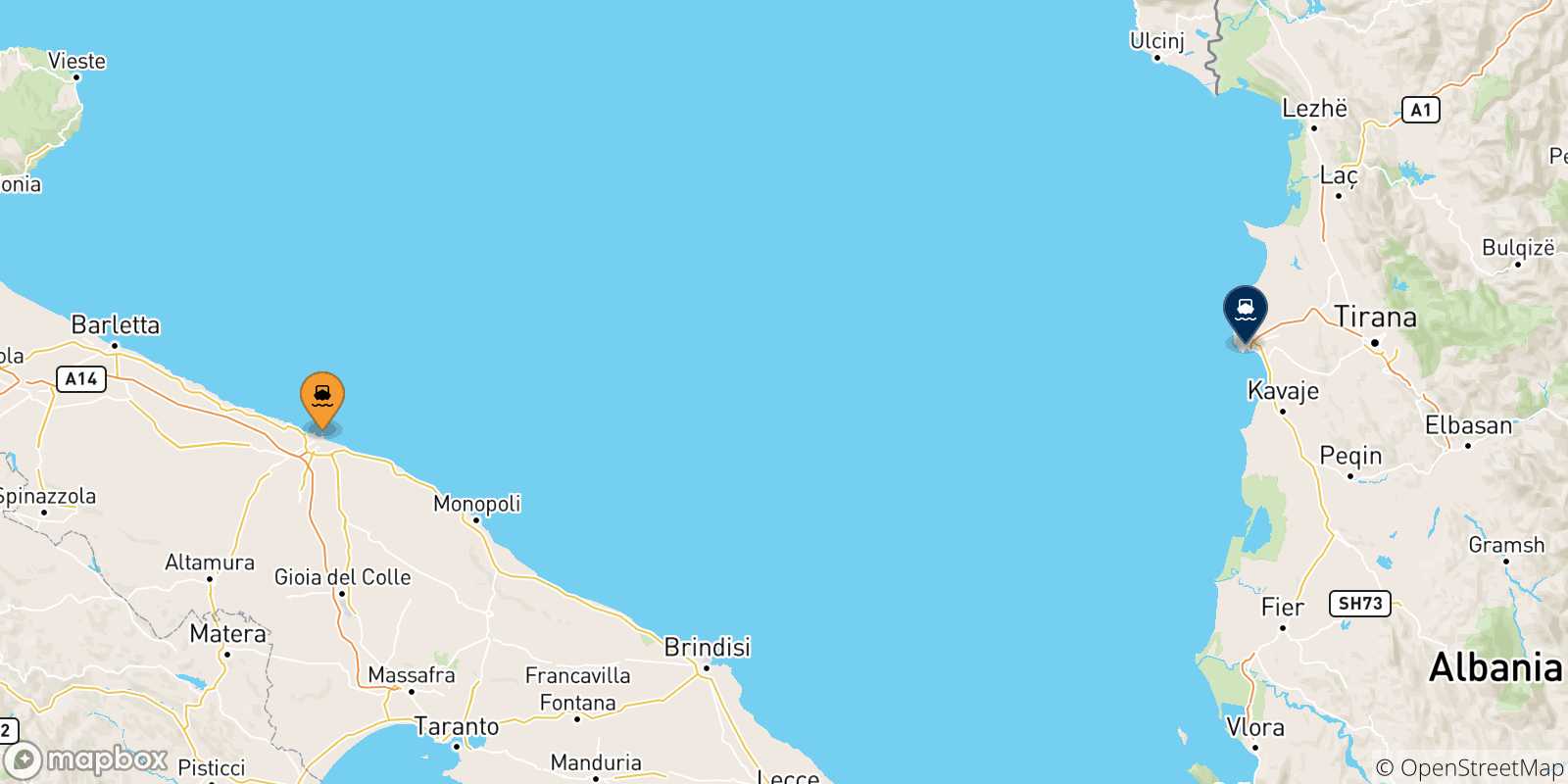 Carte des traversées possibles entre Bari et l'Albanie