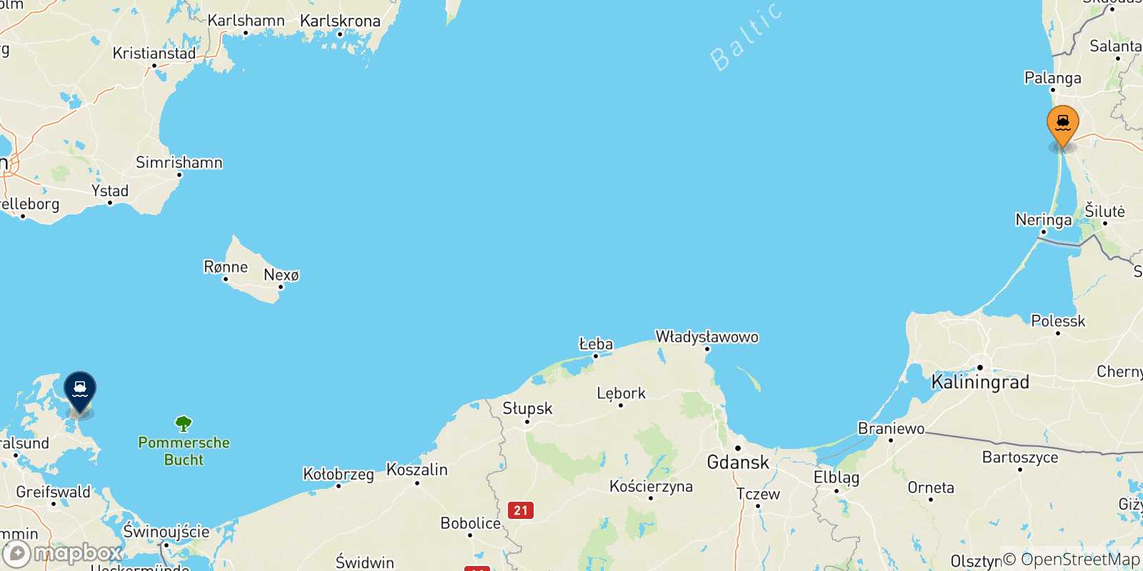 Carte des traversées possibles entre la Lituanie et Sassnitz