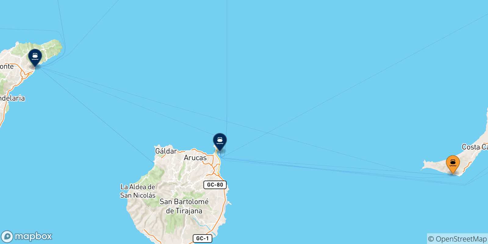 Carte des traversées possibles entre Morro Jable (Fuerteventura) et l'Espagne