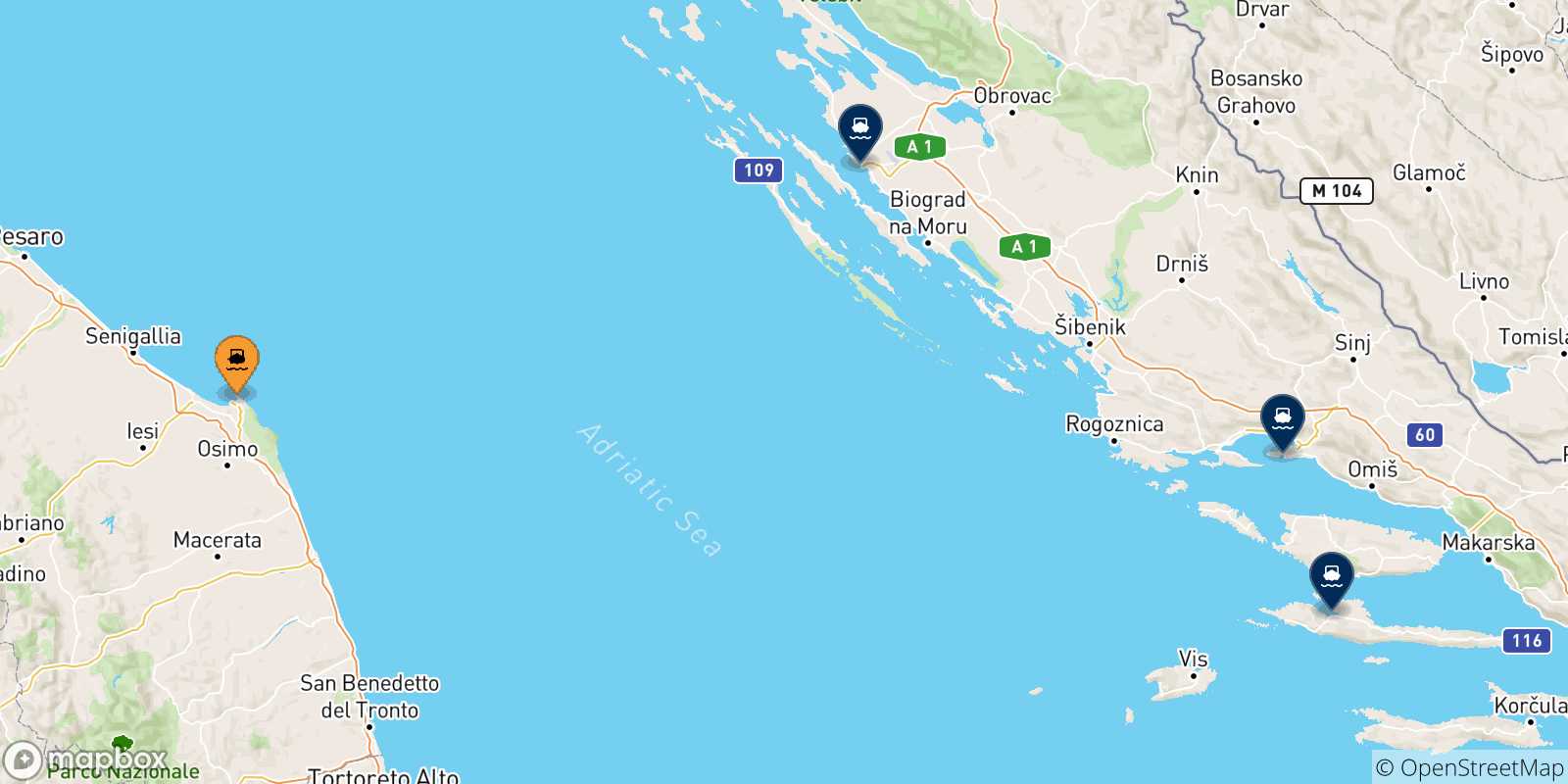 Carte des traversées possibles entre Ancône et la Croatie