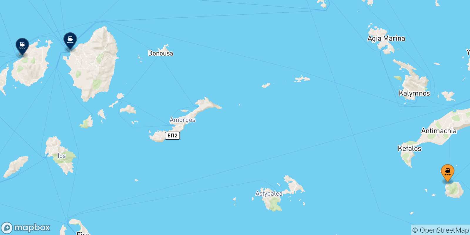 Carte des traversées possibles entre Nisyros et Îles Des Cyclades