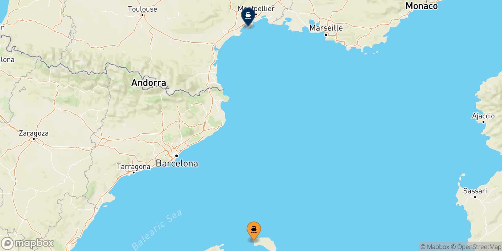 Carte des traverséesCiutadella (Minorque) Sète