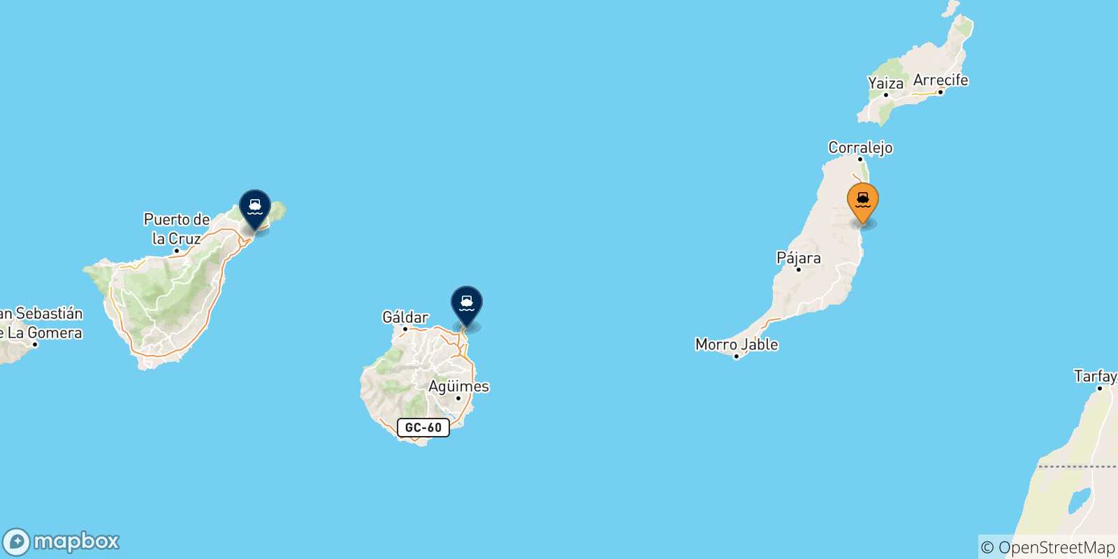 Carte des traversées possibles entre Puerto Del Rosario (Fuerteventura) et l'Espagne