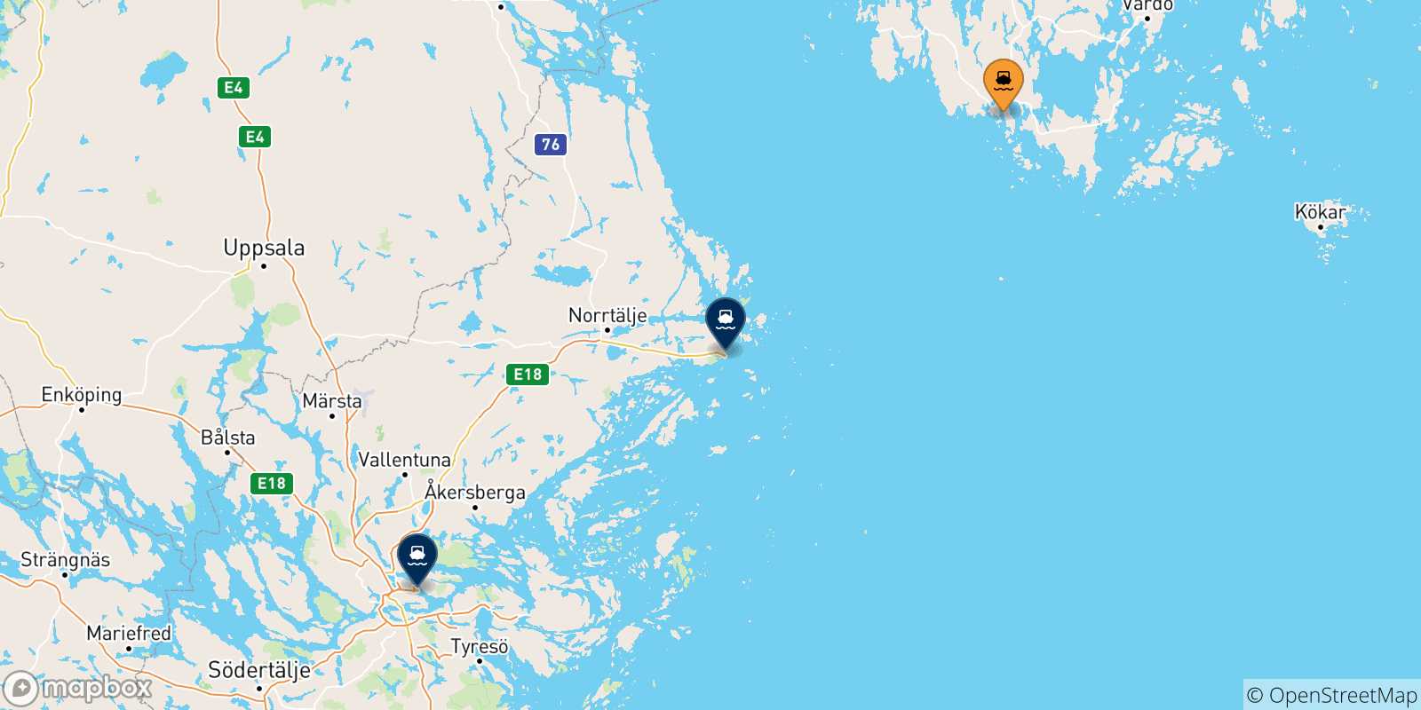 Carte des traversées possibles entre Mariehamn et la Suède