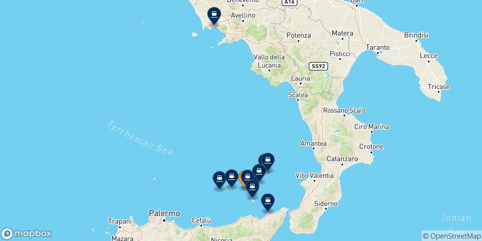 Carte des traversées possibles entre Rinella (Salina) et l'Italie