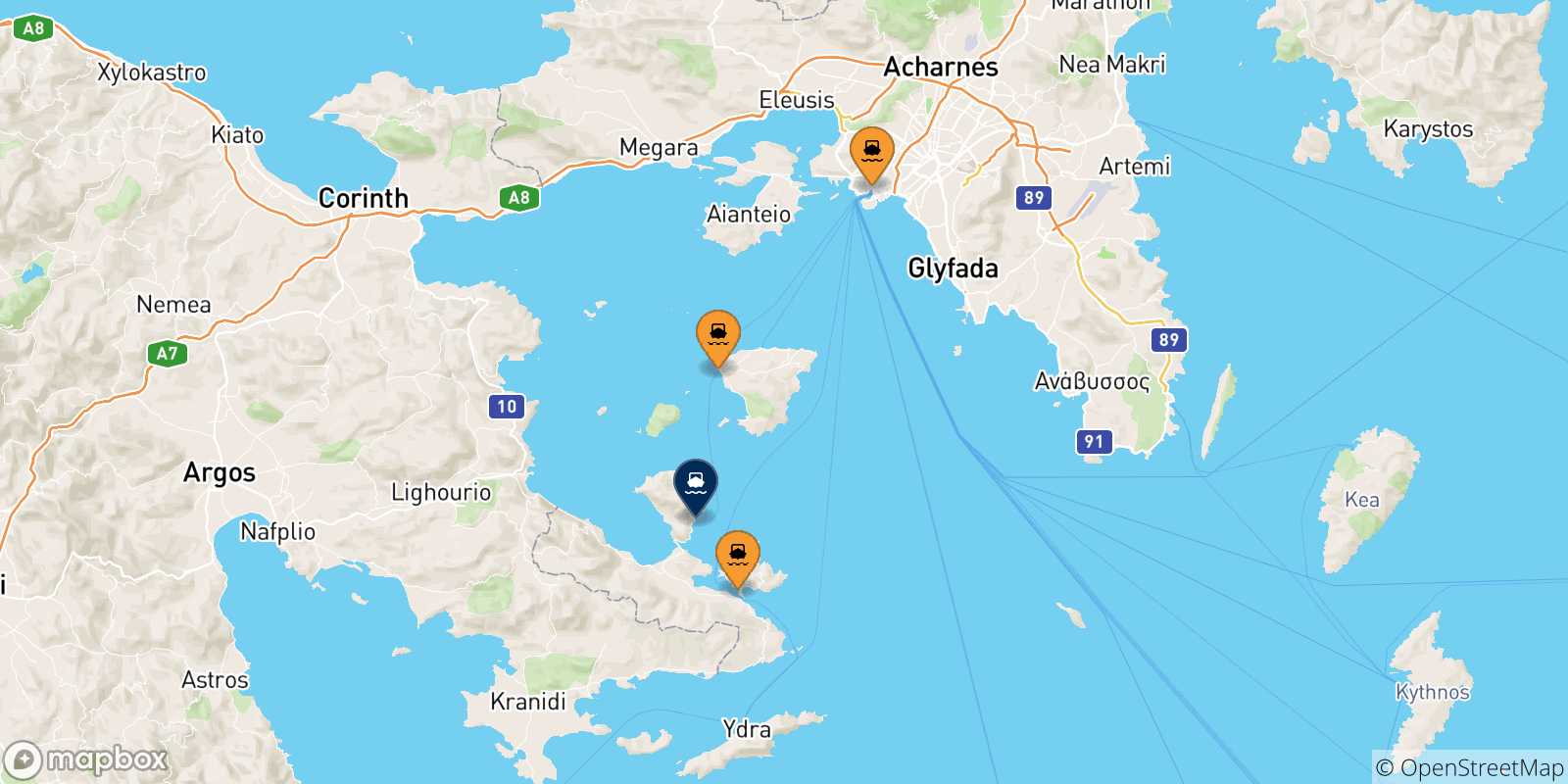 Carte des traversées possibles entre la Grèce et Methana