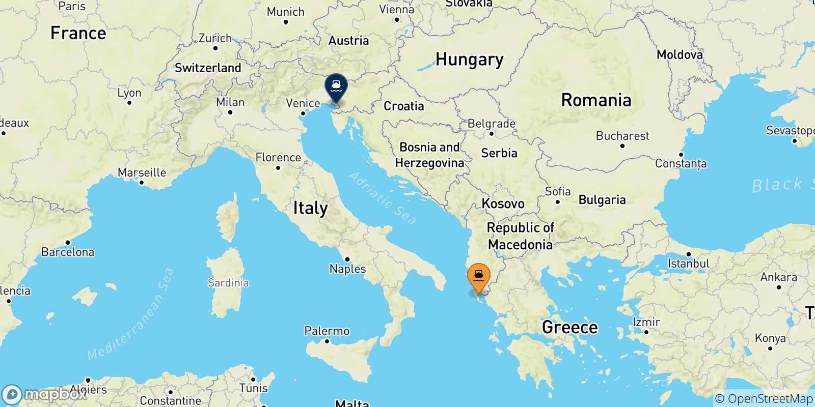 Carte des traversées possibles entre Îles Ioniennes et Trieste