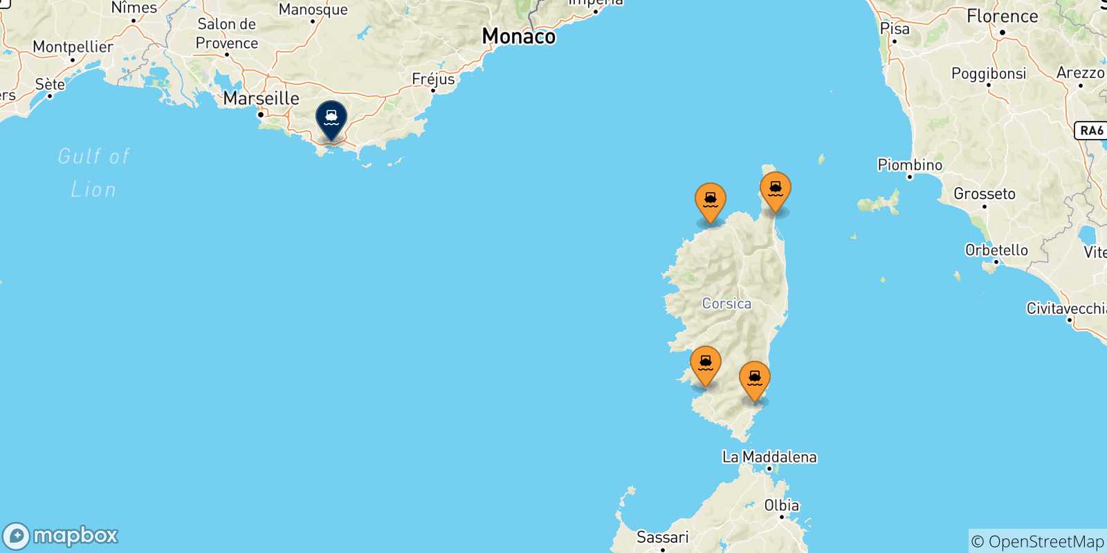 Carte des traversées possibles entre la France et Toulon
