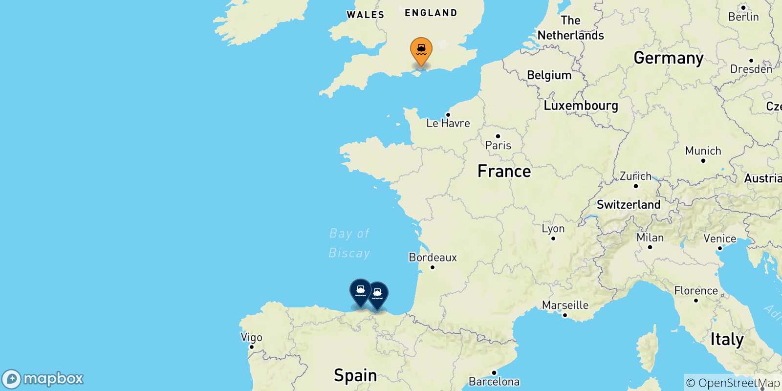 Carte des traversées possibles entre Portsmouth et l'Espagne
