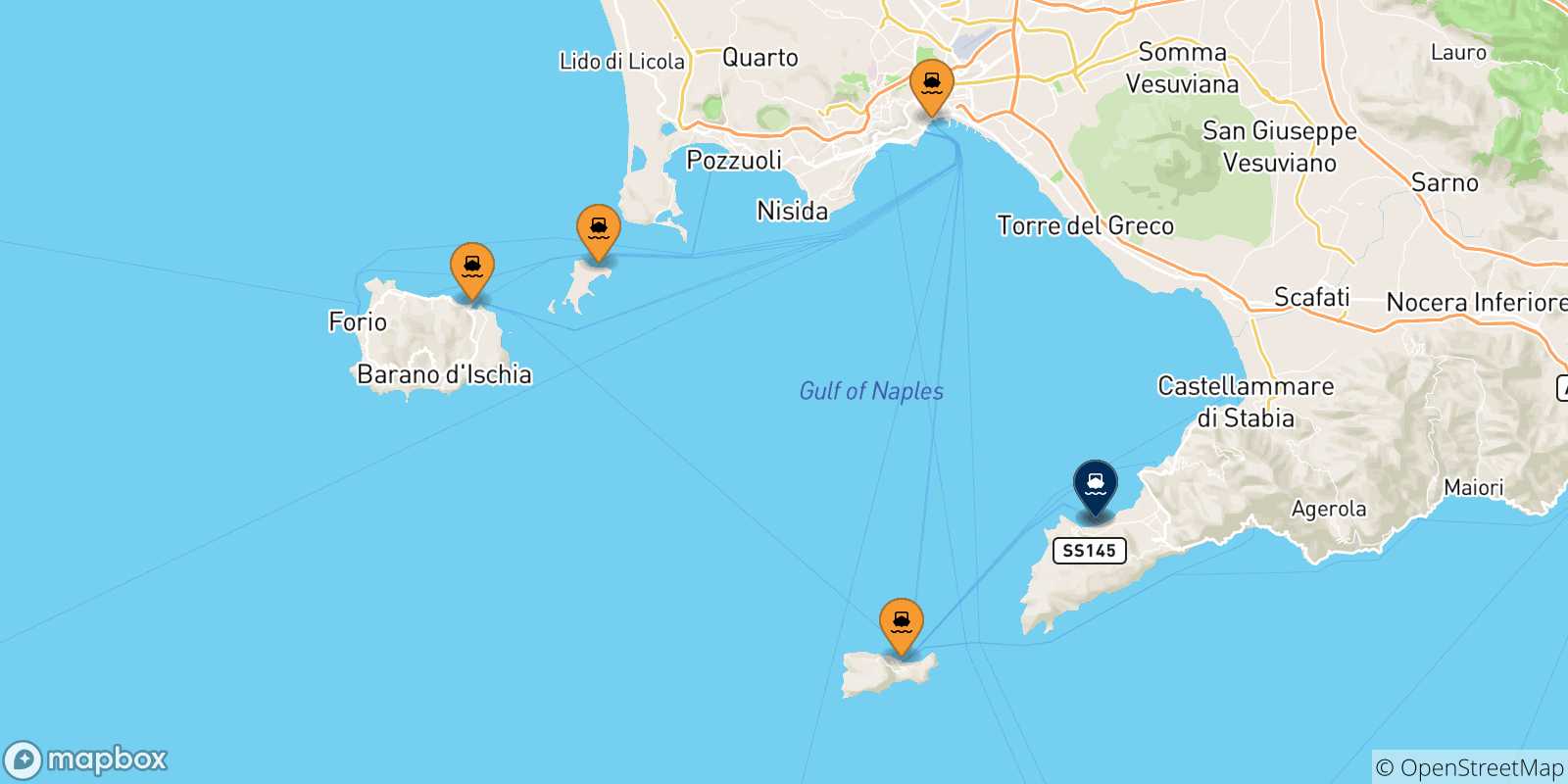Carte des traversées possibles entre l'Italie et Sorrente
