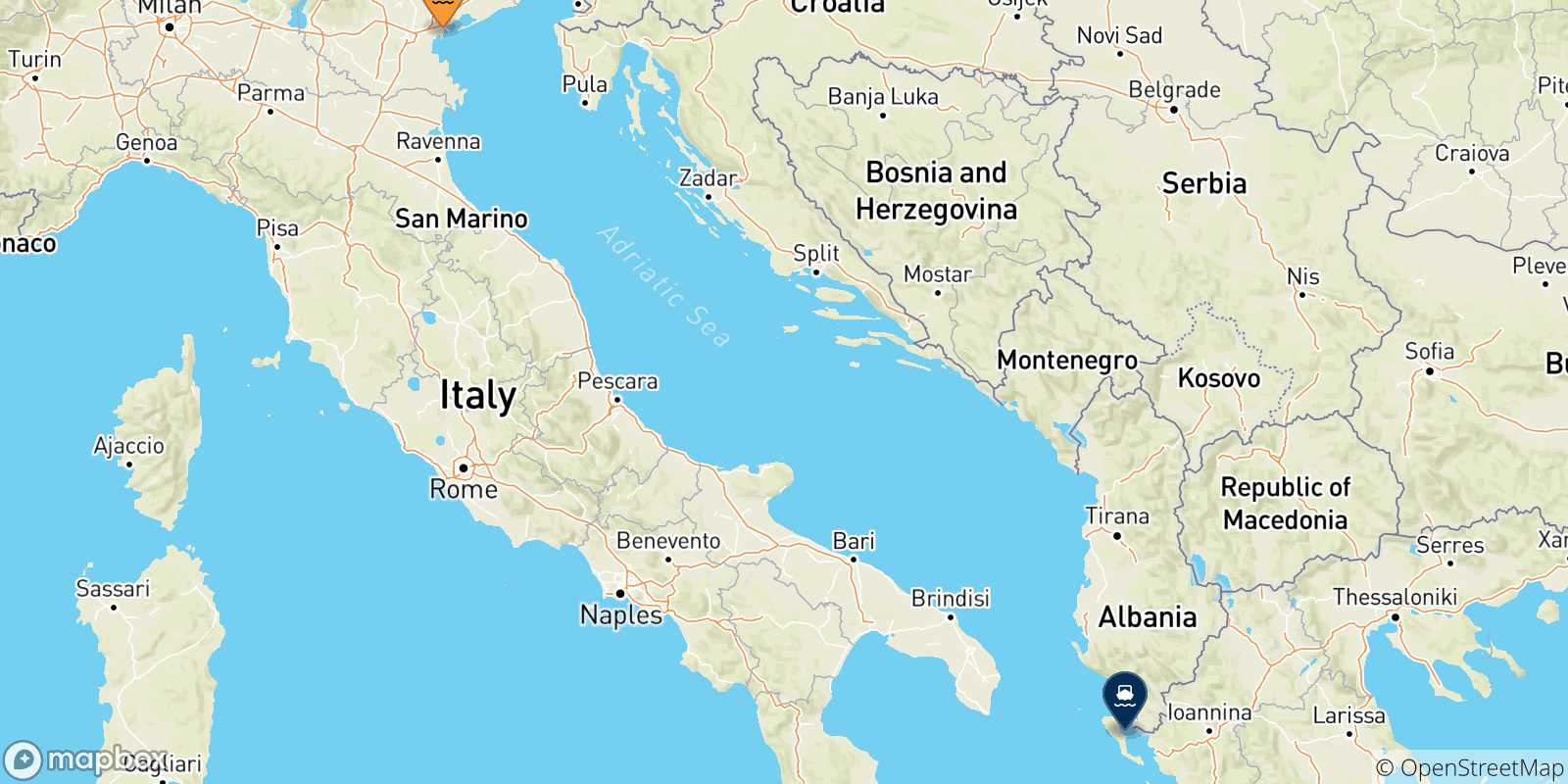 Carte des traversées possibles entre Venise et Îles Ioniennes