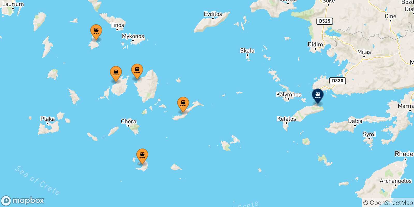 Carte des traversées possibles entre Îles Des Cyclades et Kos