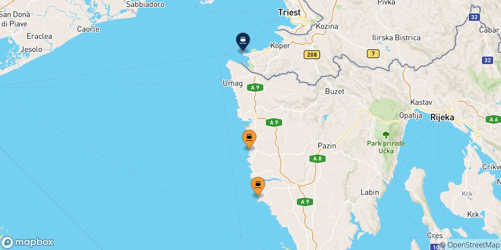 Carte des traversées possibles entre la Croatie et Piran