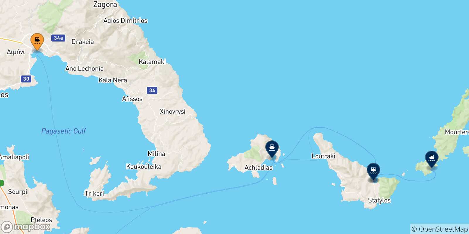 Carte des traversées possibles entre Volos et les Îles Sporades