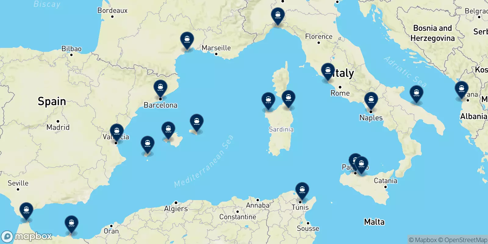 Carte des destinations Grandi Navi Veloci