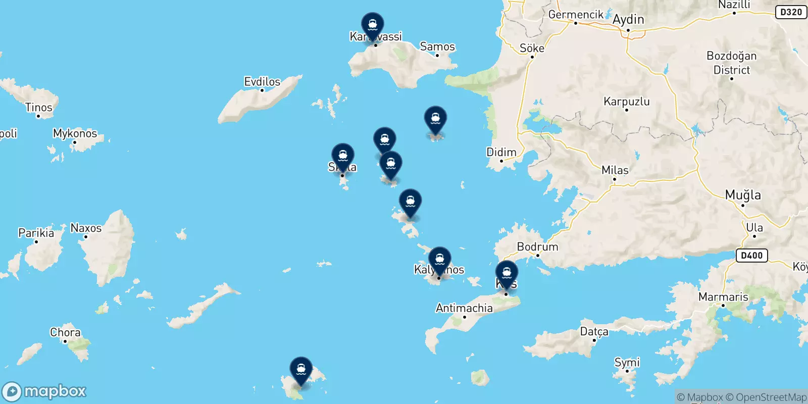 Carte des destinations A.n.e.kalymnoy